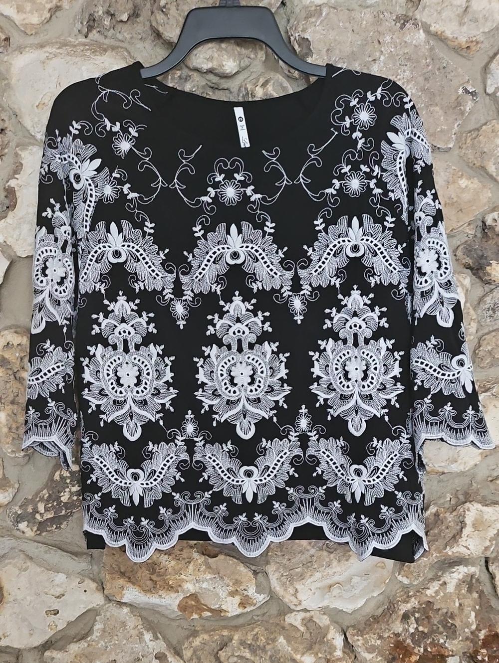 Leo & Nicole Black Top with White Lace-Style Embroidery